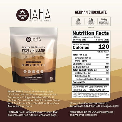 Taha Health & Nutrition Mind + Body Protein Blend ??German Chocolate | 25g Protein from Whey & Collagen + 400mg Milk Phospholipids | Grass-Fed, Free-Range New Zealand Dairy | 2LB