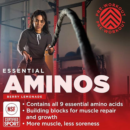 Gnarly Nutrition Essential Aminos Powder, Berry Lemonade ??Pre-Workout Amino Acids ??NSF Contents Certified ??Supplement to Support and Rebuild Muscle ??Berry Lemonade Caffeine Free, 10.58 oz