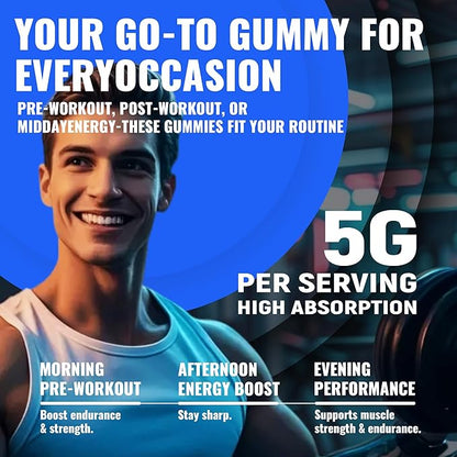 Creatine Monohydrate Gummies (5g) – Pre-Workout Energy & Muscle Growth Support for Men & Women | Blueberry Electrolyte Gummies (135 Count)