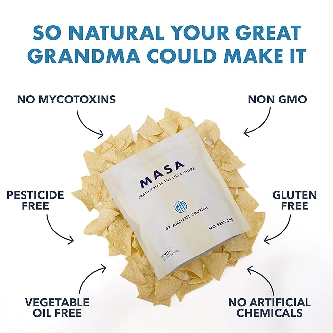 MASA Tortilla Chips Snack Pack - Seed Oil Free Snacks, Organic Chips Tortilla - Gluten & Dairy Free, Naturally Grown Corn Chip - Made with Grass Fed Tallow & Sea Salt (6 Pack, 5oz Each - White Corn)