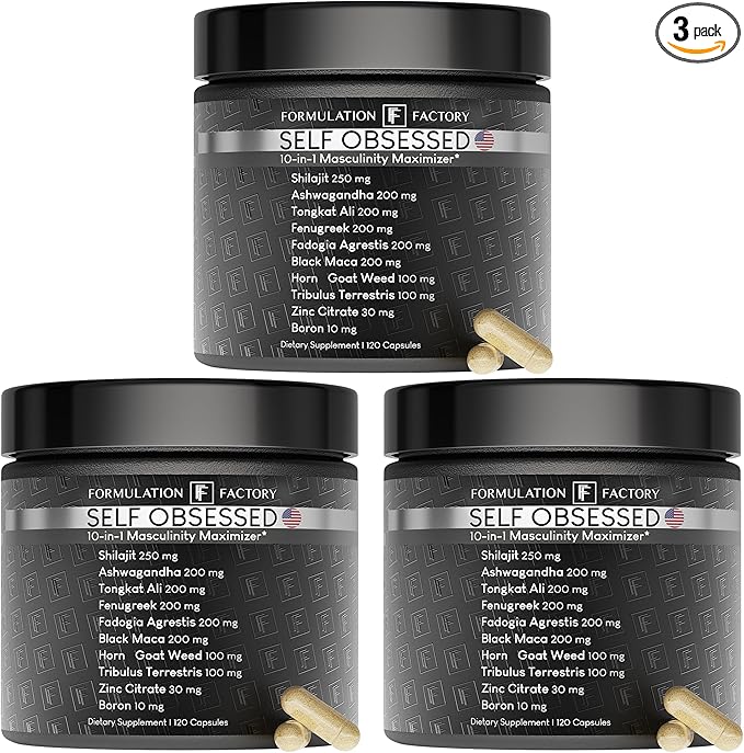 Self Obsessed 10 in 1 Masculinity Maximizer Supplement, Shilajit for Men, Tongkat Ali, Ashwaganda, Fenugreek & More, Muscle Growth, Energy Management, Strength, 360 Count (Pack of 3)