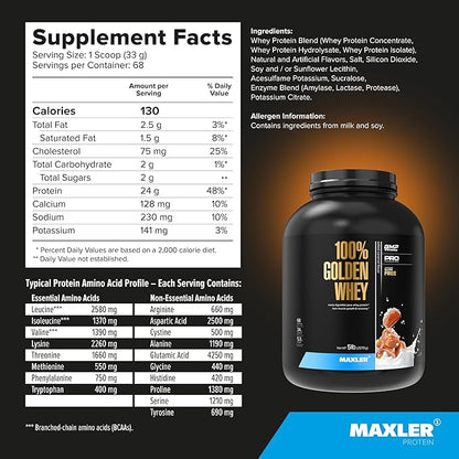 Maxler 100% Golden Whey Protein - 24g of Protein per Serving - Premium Whey Protein Powder for Pre Post Workout - Fast-Absorbing Whey Concentrate, Isolate & Hydrolysate Blend - Salted Caramel 5 lb