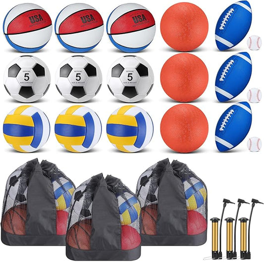 Leyndo 18 Pcs Sport Balls Bulk Set Basketball Football Volleyball Soccer Playground Baseball with