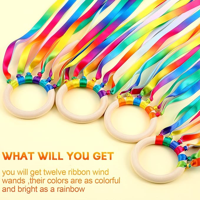 12 Pcs Rainbow Ribbon Wooden Waldorf Toys Creative Waldorf Hand Kite Set Streamers with Wood Ring Sensory Learning Educational Toy for Playroom Dancing Birthday (Gradient Color)