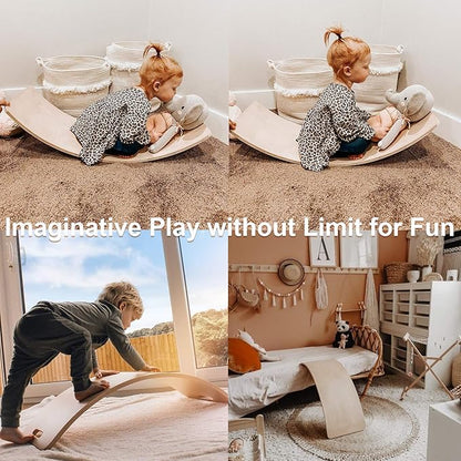 WOOD CITY Wobble Board, Wooden Balance Board Kids for Toddlers & Adults, Curvy Rocker Board for Yoga and Exercise Indoor & Outdoor, Open Ended Learning Toy Gift