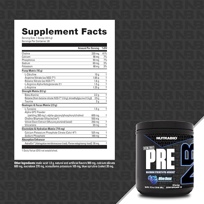 NutraBio STIM-Free PRE Workout for Men, New Formula | Laser Focus, Extreme Pumps | Performance, Endurance | 10g Citrulline, Beta Alanine, Nitrates, Nootropics, Electrolytes - 20 Servings Blue Razz