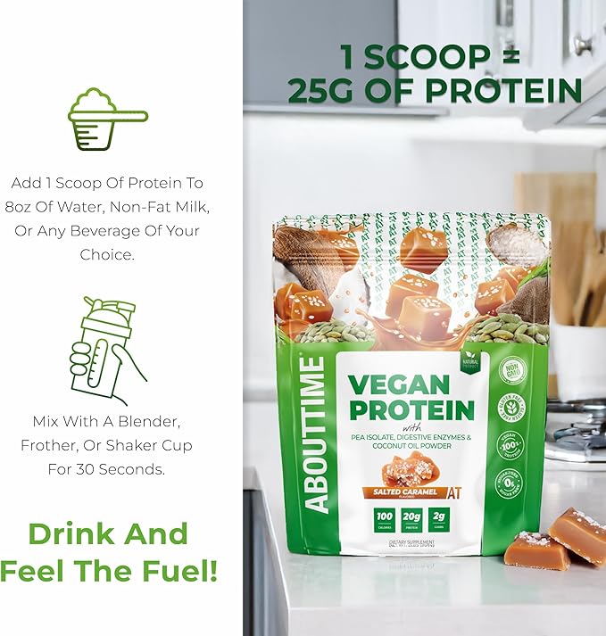 About Time Vegan Protein Powder 20g Salted Caramel, Natural Ingredients, Non-GMO, Plant Based, Gluten Free, Soy Free, Dairy Free, 32 Servings