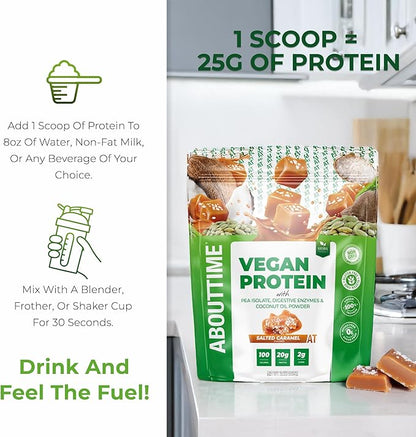 About Time Vegan Protein Powder 20g Salted Caramel, Natural Ingredients, Non-GMO, Plant Based, Gluten Free, Soy Free, Dairy Free, 32 Servings
