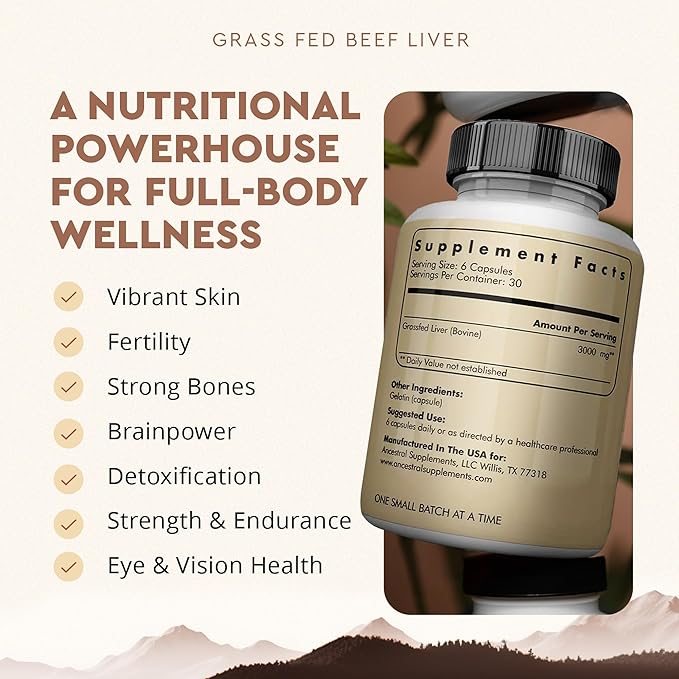 Ancestral Supplements Grass Fed Beef Liver 180 Capsules, Supports Energy Production, Detoxification, Digestion, Immunity and Full Body Wellness, Non-GMO, Freeze Dried Liver Health Supplement