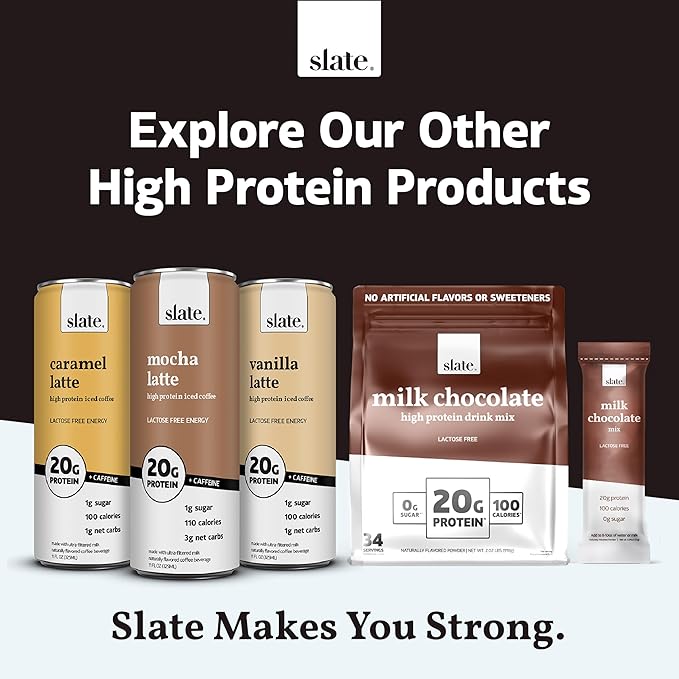 Slate Milk - High Protein Milk Shake - Dark Chocolate - Lactose Free, 20g Protein, 1g Sugar, 100 Calories, 1g Net Carbs, No Added Sugar - Natural, Breakfast Boost, Post Workout - 11 fl oz, 12 Cans