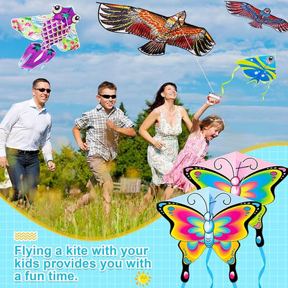 8 Pack Kites for Kids Butterfly Fish Eagle Pattern with 8 Pcs 109 Yard Kite String Large Easy to Fly for Children Adults Spring Outdoor Beach Games