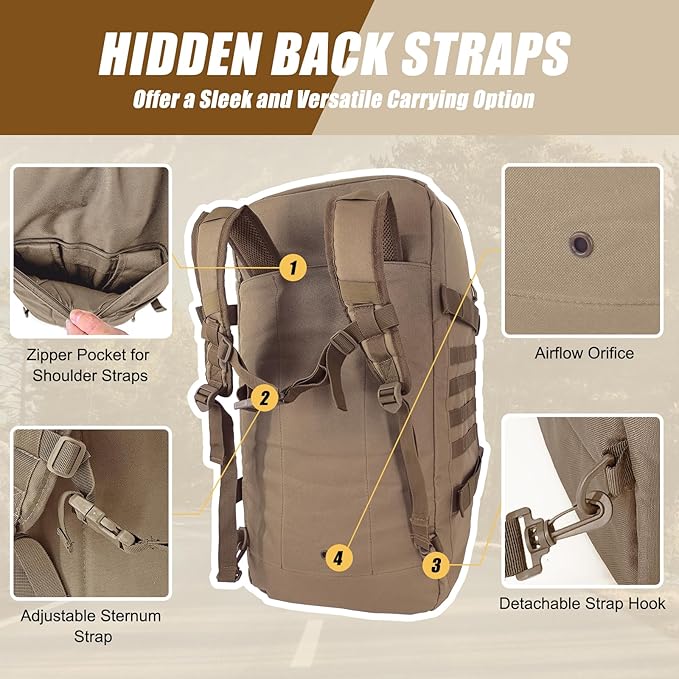 55L Large Travel Gym Duffle Bag Military Tactical Backpack, Army Pack 3 Day Bug Out Bag Rucksack for Outdoor Sport Hiking Camping with Molle System, Coyote