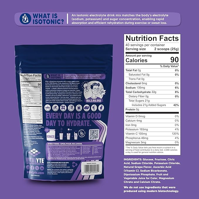 Vitalyte Electrolyte Powder Drink Mix, Isotonic Electrolyte Hydration Mix, Case Pack (6 Pack, Grape)
