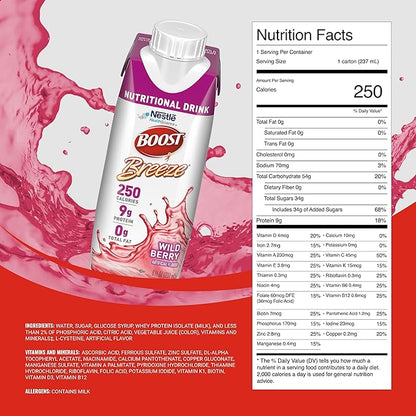 BOOST Breeze Clear Nutritional Drink - 250 Calories - 19 Vitamins & Minerals - 9 g Protein ??Fortified Clear Nutritional Drink with Vitamin A & Zinc - Wild Berry Flavor - 8 fl oz (Pack of 24)