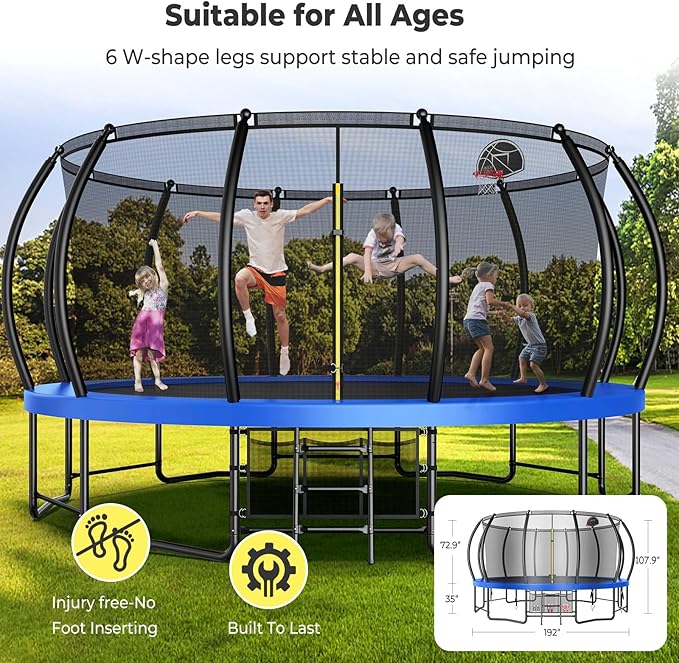 12 14 15 16FT Trampoline Outdoor with Basketball Hoop, Trampoline with Lights for Kids and Adults, Recreational Trampolin with Sprinkler, Stakes