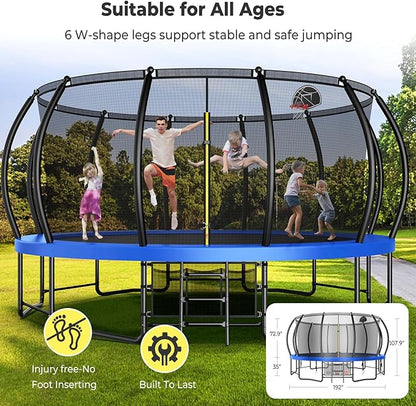 12 14 15 16FT Trampoline Outdoor with Basketball Hoop, Trampoline with Lights for Kids and Adults, Recreational Trampolin with Sprinkler, Stakes