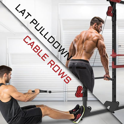 Fitness Reality Power Cage Squat Rack with Optional LAT Pulldown, Cable Crossover, 800 lb Capacity, Multi-Grip Pull-Up Bar, Adjustable Safety Bars, Strength Training for Home Gym