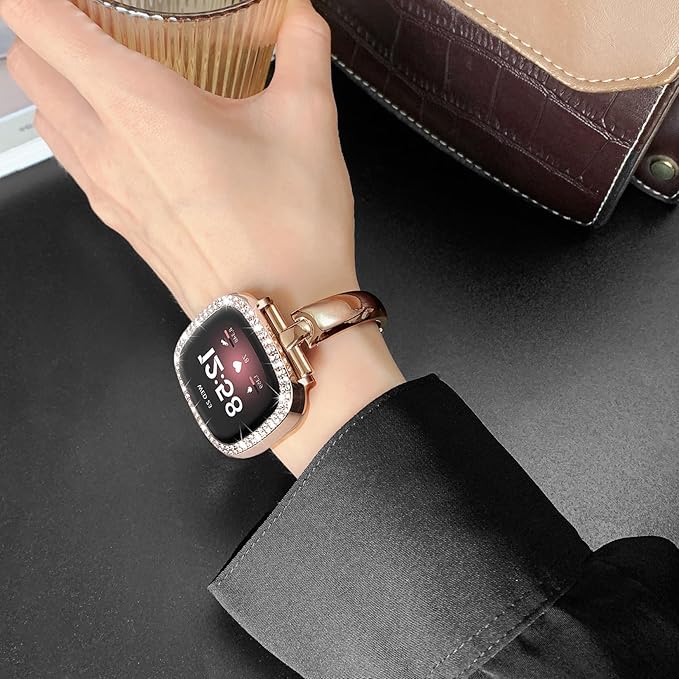 Silm Metal Band Compatible with Fitbit Versa 4/Fitbit Sense 2 Band Cute Women, Bling Jewelry Strap Replacement Compatible for Fitbit Sense/Versa 3 Women (Rose Gold)