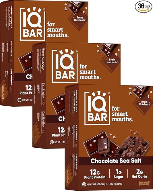 IQBAR Brain and Body Plant Protein Bars - Chocolate Sea Salt - 36-Count Low Carb - Gluten Free
