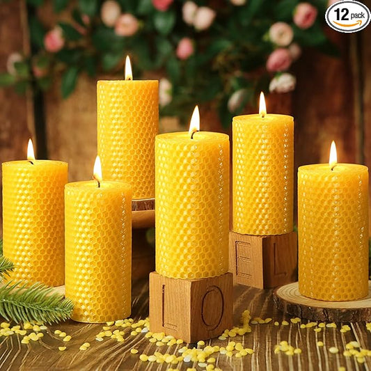 12 Pack Honeycomb Beeswax Candles,240 Hours Long Burning Natural Handmade Beeswax Rolled Pillar Candles, Bees Wax Candles for Home, Prayer,Dripless Smokeless Unscented Pillar Candle 2x4in