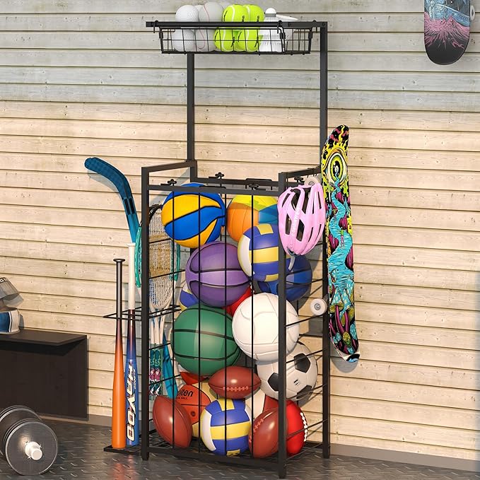 Sports Equipment Organizer, Small Garage Ball Storage Rack with Elastic Straps and 3 Hooks, Garage Organization Storage Rack for Balls and Sports Equipment, Toy Organizer Stand for Room, Gym, Black