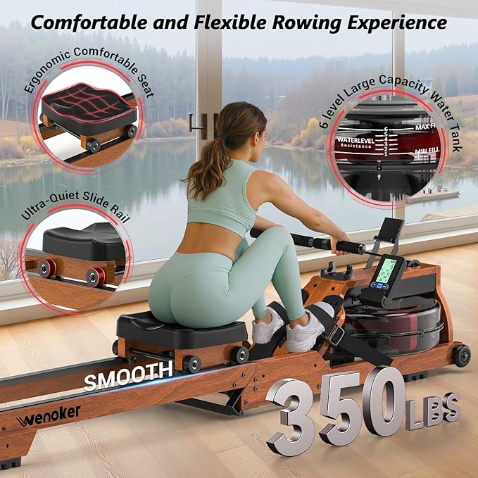 Water Rowing Machine for Home Use, WENOKER Wooden Foldable Rower Machine with Adjustable Monitor & Bluetooth APP, Large Water Tank & Comfortable Seat for Immersive Water Rower, 350LBS Weight Capacity