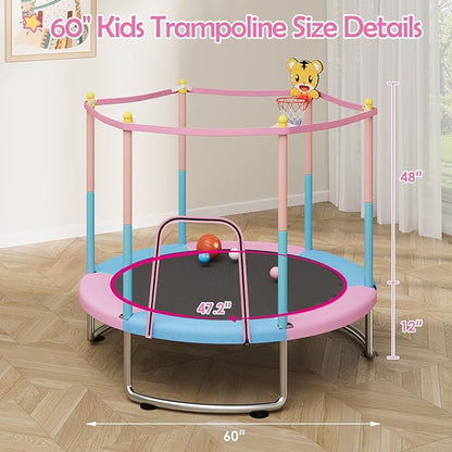 Kids Trampoline with Safety Net – 440lbs Capacity, Upgraded Rust-Proof Ring Legs, Adjustable Gymnastics Bar & Toys – Indoor Outdoor Toddler Trampoline for Boys & Girls Ages 1-8