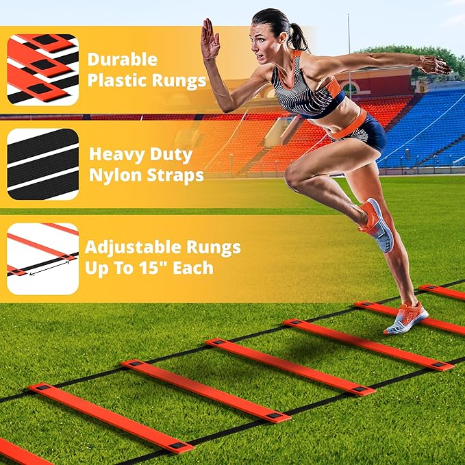 Yes4All Agility Ladder Speed Training Equipment Set - 1 Adjustable Agility Ladder, 12 Soccer Cones, 5 Hurdles, Jump Rope, Running Parachute - Speed & Agility Training Equipment for All Ages
