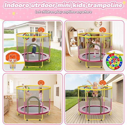 6FT Indoor Trampoline for Kids Ages 1-8, 72" Mini Toddler Indoor & Outdoor Trampoline with Safety Enclosure Net, Basketball Hoop & Dart Board, Birthday Gifts for Boys & Girls, Baby Toddler