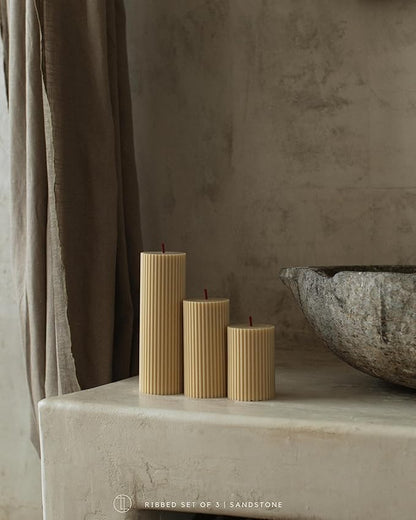 LAWA Roman Handmade Tall Ribbed Pillar Candle - Beautiful Scented Soy Wax Dinner Candle | Classic Aesthetic Decoration Set | Housewarming Gift | Home Room Shelf Decor Idea - Sandstone (Set of 3)
