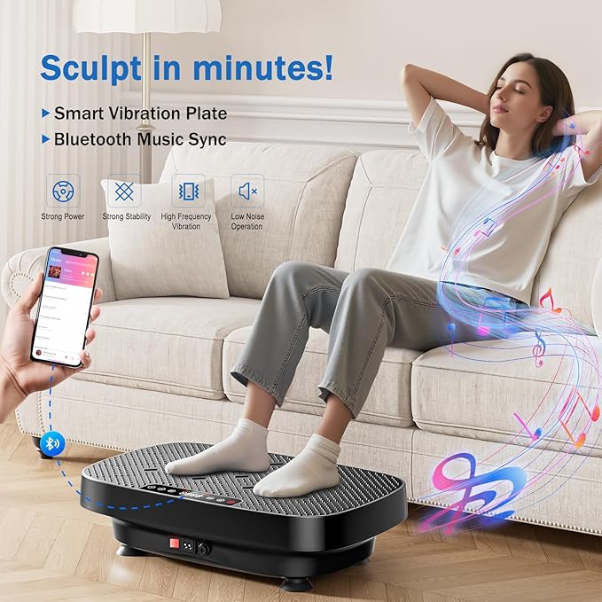 Vibration Plate Exercise Machine, Vibration Plate for Lymphatic Drainage & Body Toning, Whole Body Vibration Plate Platform with Bluetooth, Ultra-Quiet Home Gym Equipment, Resistance Bands