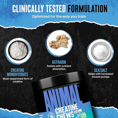Animal Creatine Chews – Enhanced Creatine Monohydrate Chewable Tablets with AstraGin & Sea Salt, Max Absorption Pre Post-Workout, Lean Muscle Growth, Strength & Recovery, New Flavor Candy Crush’d