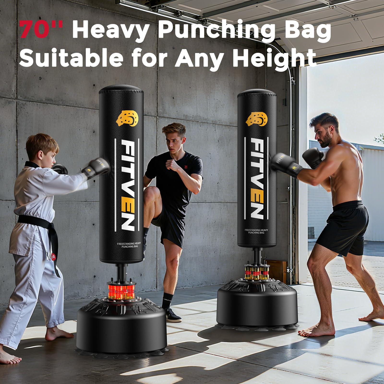 FITVEN Freestanding Punching Bag 70''-190lbs with Boxing Gloves Heavy Boxing Bag with Suction Cup