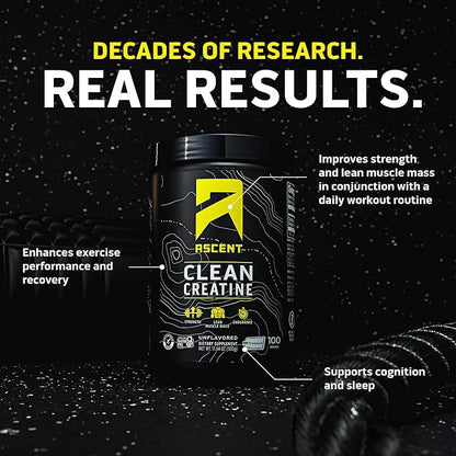 Ascent Clean Creatine Monohydrate Powder - 5G Per Serving, Creapure Creatine Supplement - Unflavored, 100 Servings