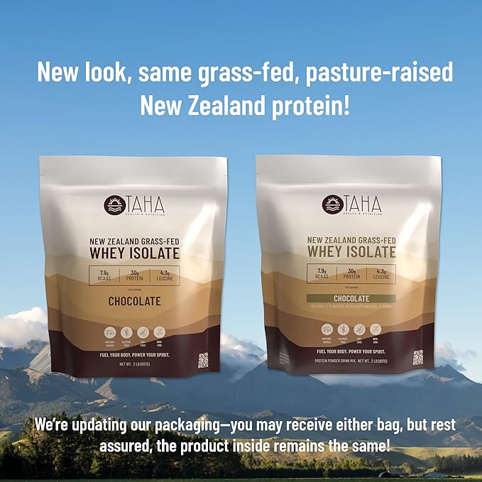 Taha Health & Nutrition Chocolate Whey Protein Isolate Powder, 30g Protein, 7.9g BCAAs, 4.3g Leucine | New Zealand Free-Range, Grass-Fed Dairy | Gluten-Free, Keto, Kosher | 2LB, ~24 Servings