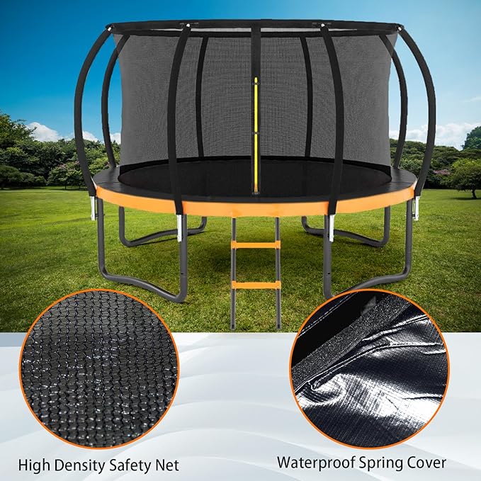 Trampoline 12FT 14FT 15FT 16FT for Kids/Adults - Outdoor Recreational with Enclosure Net Curved Poles and Ladder, Heavy Duty Anti-Rust Coating, ASTM Approval