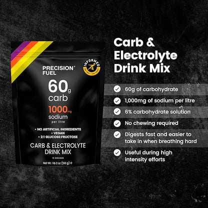 Precision Fuel PF 60 Carb & Electrolyte Drink Mix Powder for Hydration & Energy - Endurance Sports Nutrition, Vegan, Hypotonic - 60g Carb, 1000mg Sodium per Litre - Mild Citrus Flavor, 5-Pack