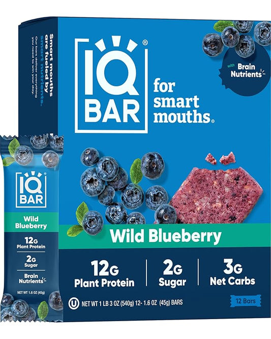 IQBAR Brain and Body Plant Protein Bars - Wild Blueberry - 12-Count Low Carb - Gluten Free, High