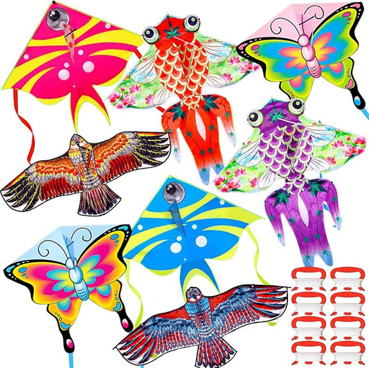 8 Pack Kites for Kids Butterfly Fish Eagle Pattern with 8 Pcs 109 Yard Kite String Large Easy to Fly for Children Adults Spring Outdoor Beach Games