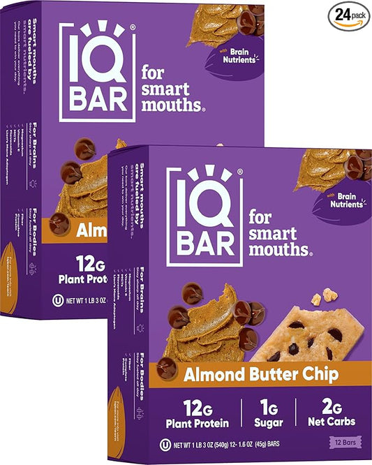 IQBAR Brain and Body Plant Protein Bars - Almond Butter Chip - 24-Count Low Carb - Gluten Free