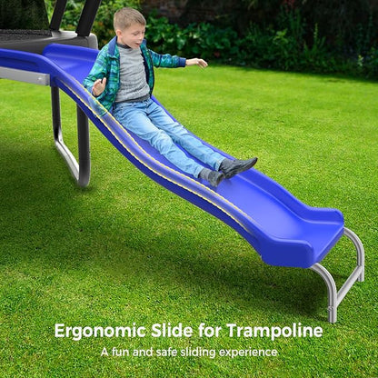 Heavy Duty Plastic Trampoline Slide with Support Frame for 8-16FT, Outdoor Plastic Slide for Trampoline, Adjustable Safer Trampoline Ladder for Kids 6+, 220 LBs Capacity, Blue