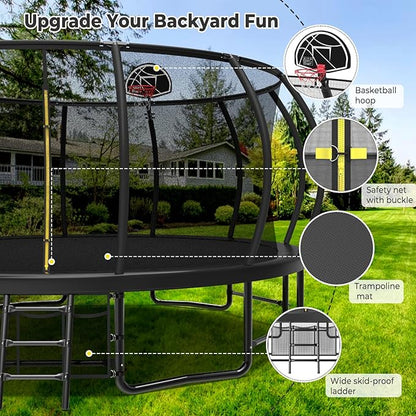 12 14 15 16FT Outdoor Trampolines for Kids and Adults, Pumpkin Trampolin with Curved Poles, Recreational Trampolin with Basketball Hoop and Safety Enclosure Net for Kids and Adults