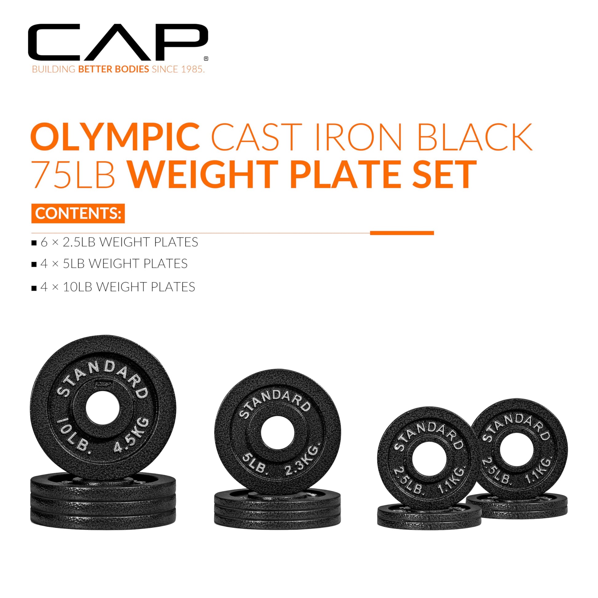 CAP Barbell 75 LB Classic Olympic 2-Inch Cast Iron Weight Plate Set | Black