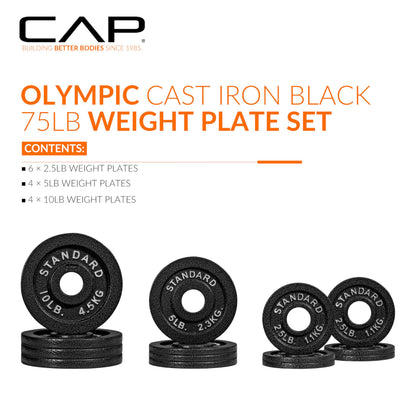 CAP Barbell 75 LB Classic Olympic 2-Inch Cast Iron Weight Plate Set | Black