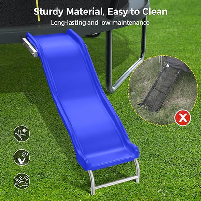 Heavy Duty Plastic Trampoline Slide with Support Frame for 8-16FT, Outdoor Plastic Slide for Trampoline, Adjustable Safer Trampoline Ladder for Kids 6+, 220 LBs Capacity, Blue