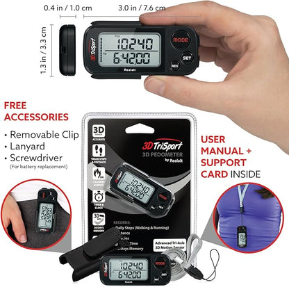 3DTriSport Walking 3D Pedometer with Clip & Strap, eBook Included | 30 Days Memory, Accurate Step Counter, Walking Distance Miles/Km, Calorie Counter, Daily Exercise Time Monitor