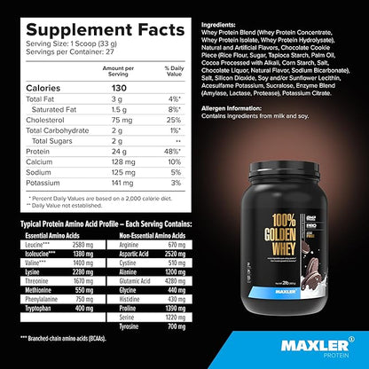 Maxler 100% Golden Whey Protein - 24g of Protein per Serving - Premium Whey Protein Powder for Pre Post Workout - Fast-Absorbing Whey Concentrate, Isolate & Hydrolysate Blend - Cookies & Cream 2 lb