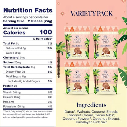 MAGICDATES Date Snack Bites | Coconut Cream Cake – 4 Bags (16 Servings) | Medjool Dates | No Added Sugar | Gluten-Free | Vegan | Paleo | Plant-Based | Healthy Coconut Snack | Clean Ingredients