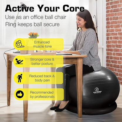 ProBody Pilates Yoga Ball Chair, Exercise Ball Chair with Base or Stand for Home Office Desk Sitting or Workout, 65cm Antiburst Balance & Stability Ball Seat, Large Gym Ball for Back, Abs