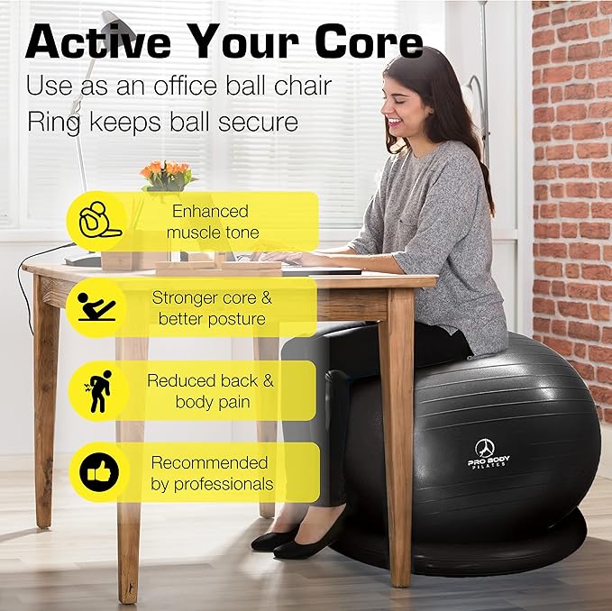 ProBody Pilates Yoga Ball Chair, Exercise Ball Chair with Base or Stand for Home Office Desk Sitting or Workout, 65cm Antiburst Balance & Stability Ball Seat, Large Gym Ball for Back, Abs